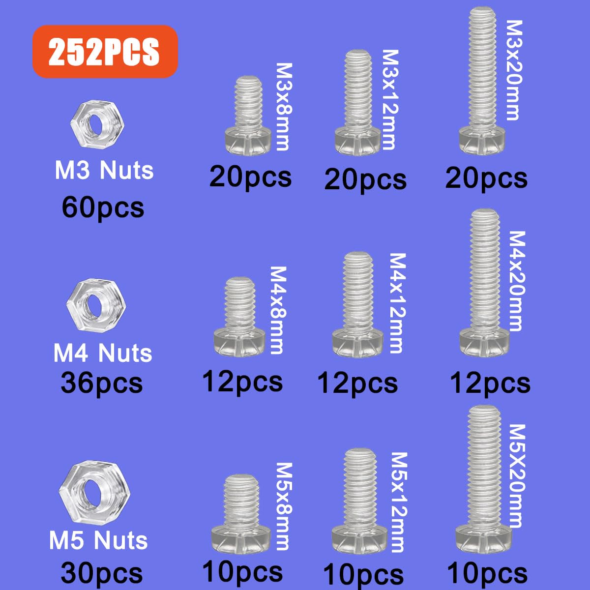 252 Pcs M3/M4/M5 Plastic Clear Screws, Phillips Cross Pan Head Machine Screws - Image 3
