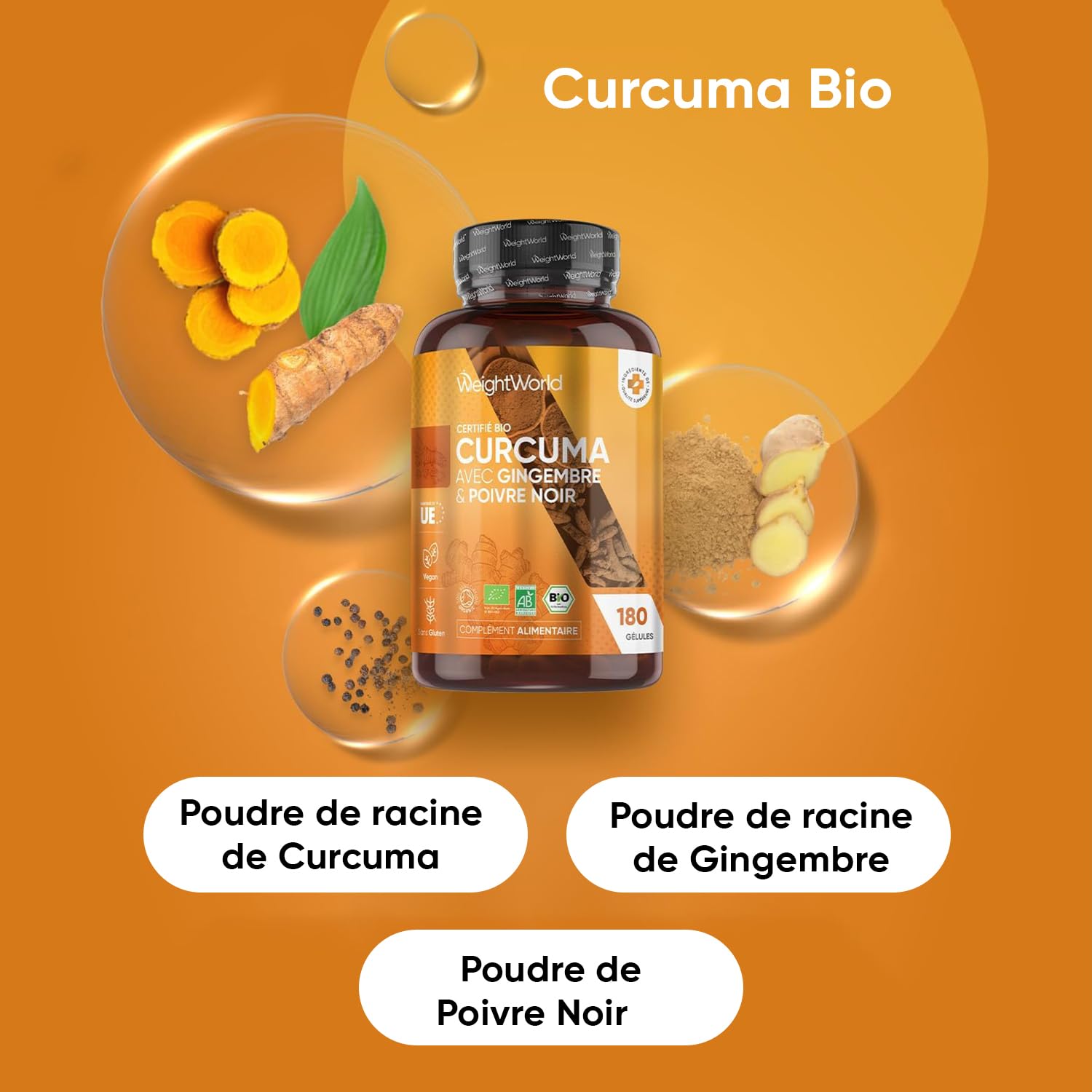 Duo Complémentaire - Curcuma avec Probiotique - Complexe avec 77 milliards d'UFC par portion (20 souches), Probiotiques et Prébiotiques (FOS et Inuline) 60 Gélules - Curcuma Bio 180 Gélules Vegan