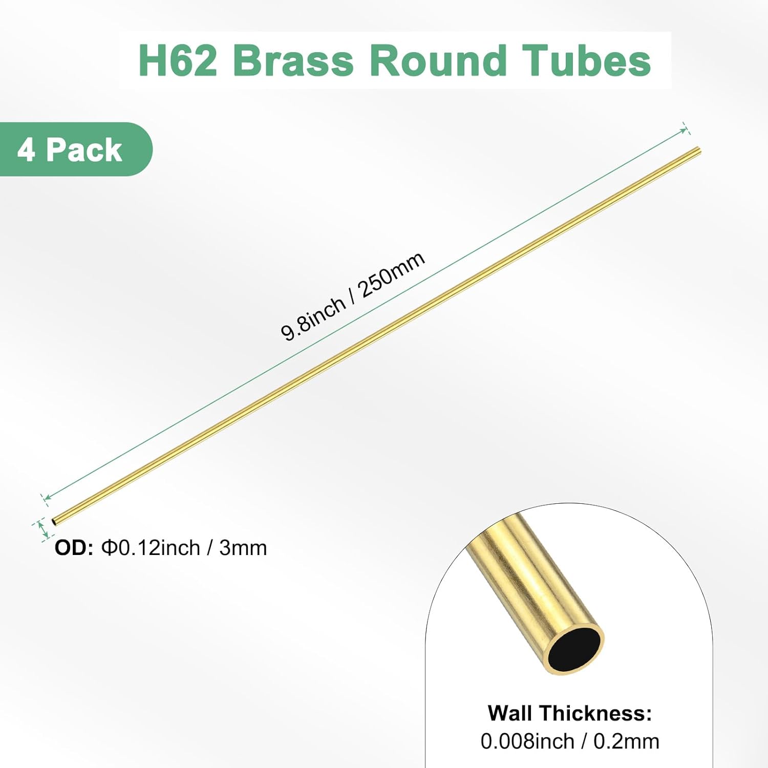 4-Pack 250mm Brass Round Tube, 3mm OD 0.2mm Wall Thickness H62 Brass Seamless Tubing for Construction/Machining/DIY Crafting, Metal Straight Pipe [0.12x0.008x9.8IN]