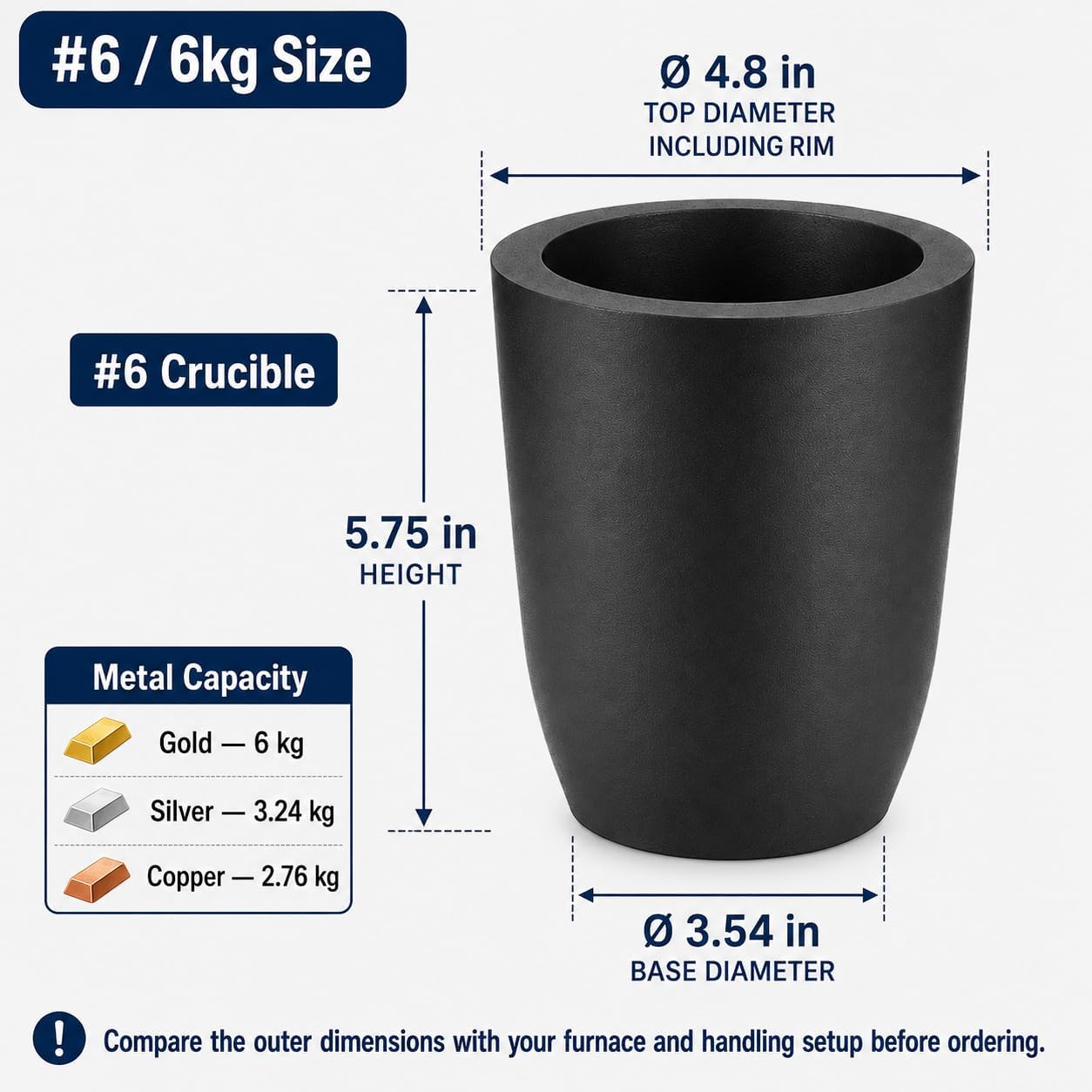 #6 Clay Graphite Crucible, 6kg Gold Capacity, 5.75in High, 4.8in Rim