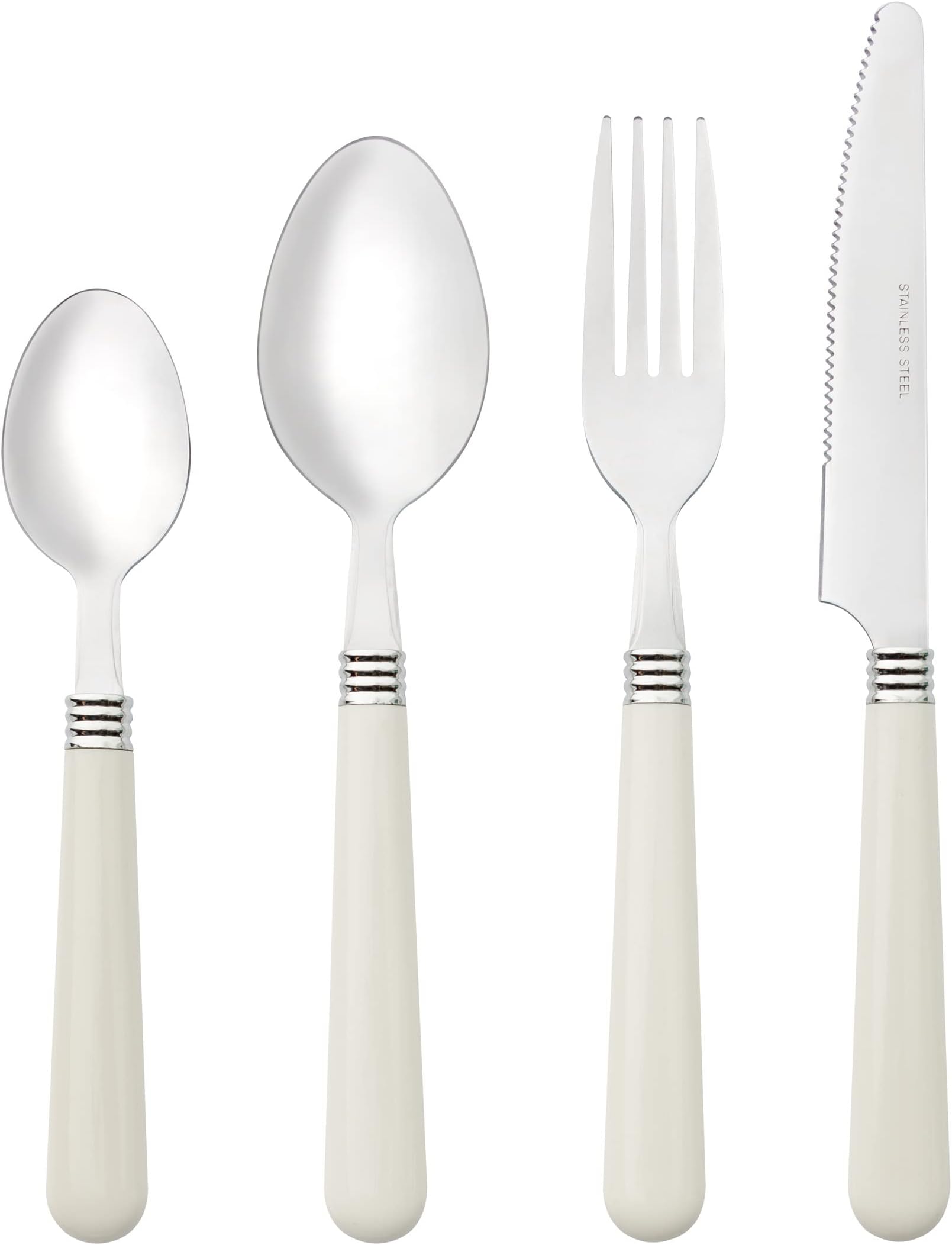 Baroni Home Set of 24 Stainless Steel Tableware, Cutlery with Plastic Handle for 6 People, Dishwasher Safe, Fork, Knife, Spoon, Tea or Sweet Spoon, White
