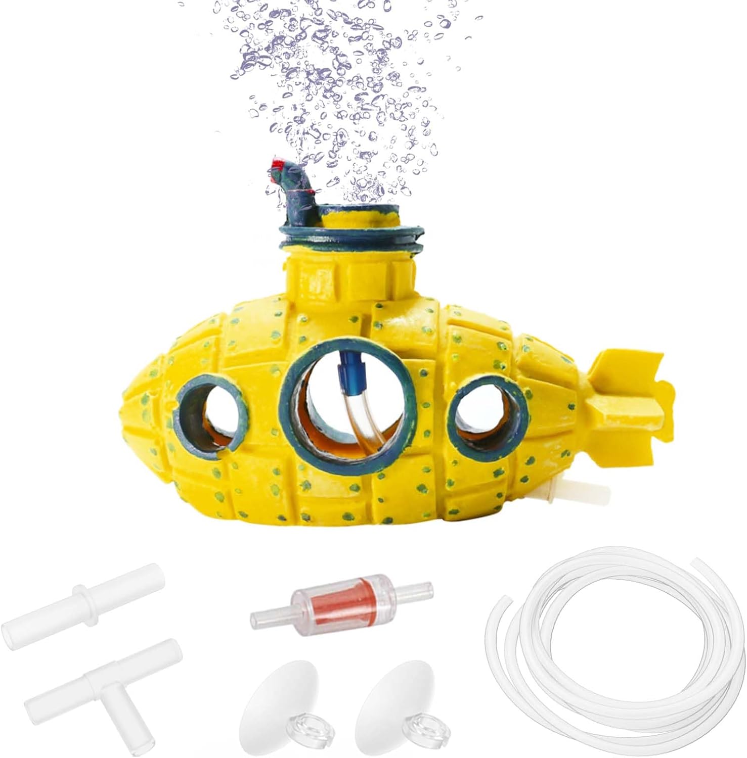 Aquarium Air Bubbler Decoration Kit, Fish Tank Air Stone Set, Realistic Submarine Ornaments with Full Accessories. (Submarine Kit-Yellow)