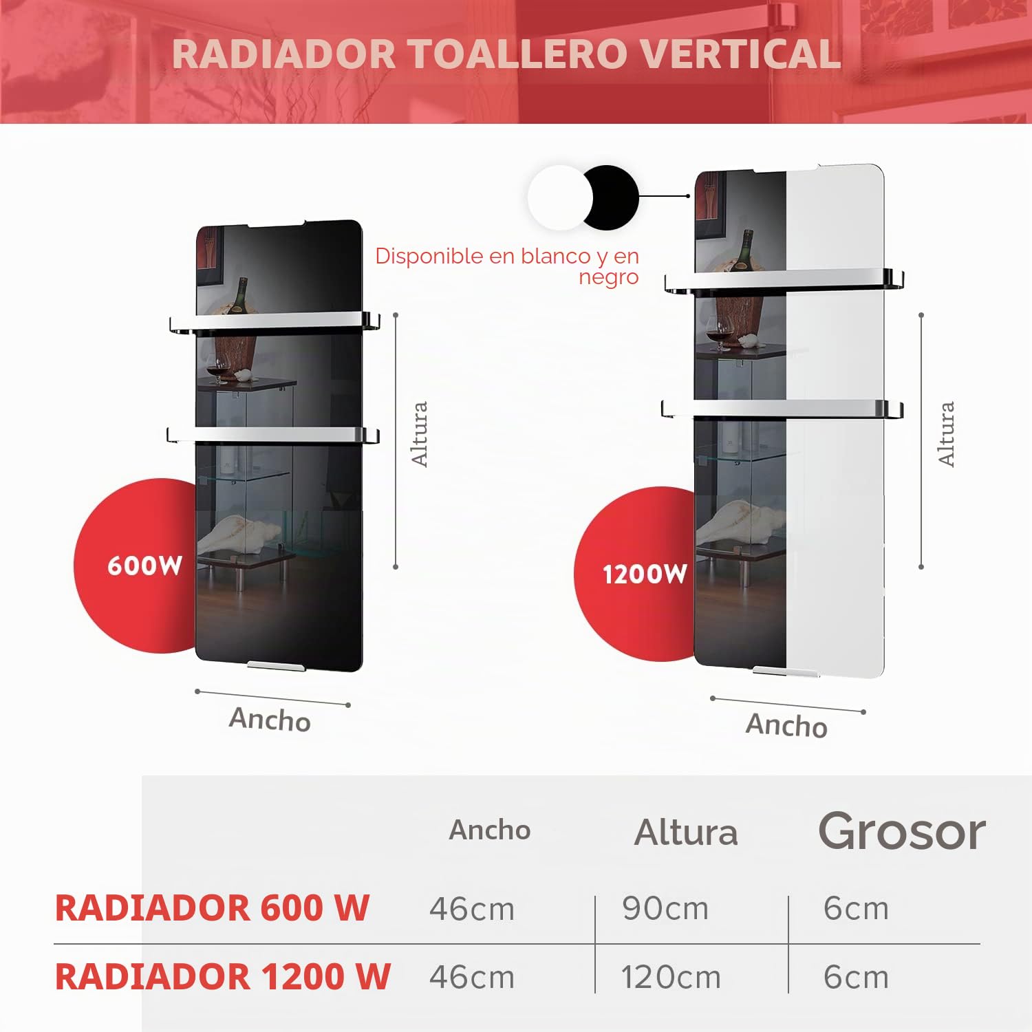 CHEMIN'ARTE Toallero Eléctrico para baño 600W, negro, Radiador Toallero Eléctrico Bajo Consumo IP24-2 toalleros de acero inoxidable