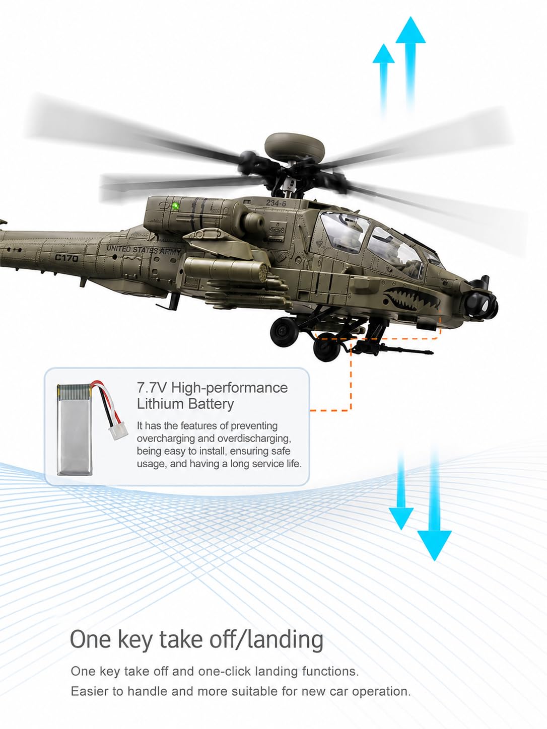 Elicottero radiocomandato C170 AH-64D, scala 1/48, 6 canali, senza spazzole, con sistema Flybarless, flusso ottico, TOF, mantenimento dell'altezza, elicottero radiocomandato per adulti