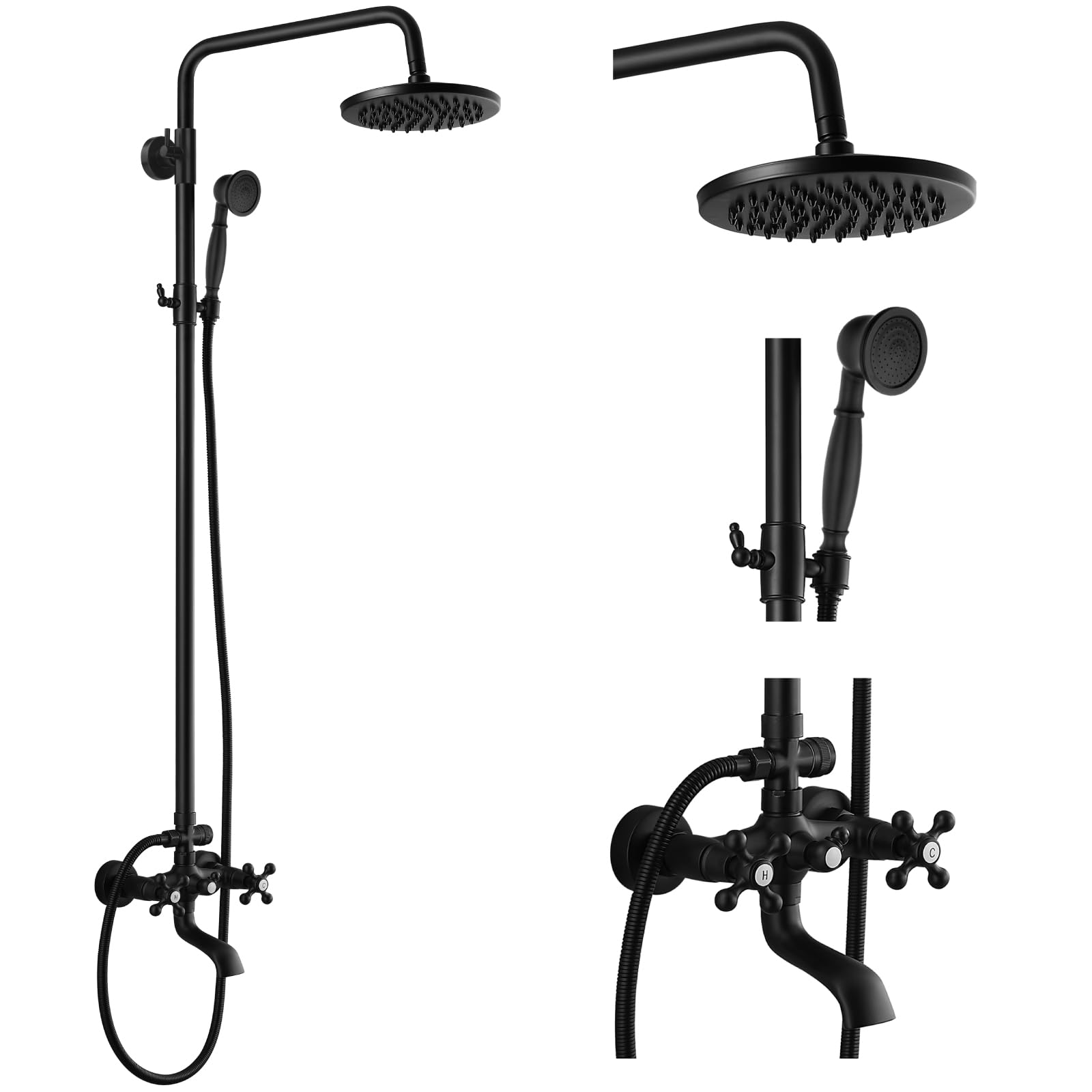 gotonovo Exposed Bathroom Shower Faucet Wall Mounted Shower System 8 Inch Shower Head and Tub Spout Double Cross Handles Adjustable Handheld Sprayer Straight Pipe Matte Black