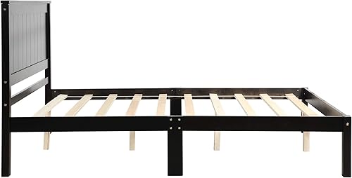 Miniatura 39 de P PURLOVE Base de cama de tamaño matrimonial, cama de plataforma de madera maciza con cabecero, no necesita somier, color blanco