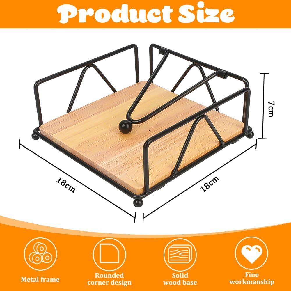 Vintage Table Napkin Holder, Windproof Paper Napkin Holder, Metal Napkin Holder, Wood Paper Napkin Holder, Black Table Tissue Box Holder, for Bar Kitchen Restaurant