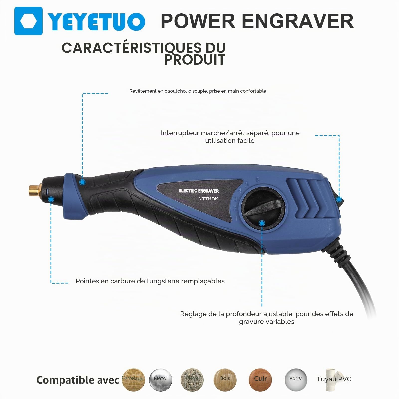 Stylo de gravure 25 W, outil de gravure électrique à 6 vitesses, stylo de graveur portable avec embouts en acier au carbure de tungstène pour bois, métal, verre, outil de gravure professionnel