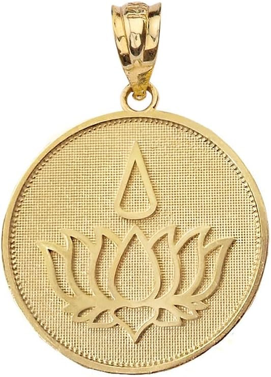 Lotus Flower Blossom with Teardrop Disc Pendant Necklace Fine Real Solid 10Kt Gold