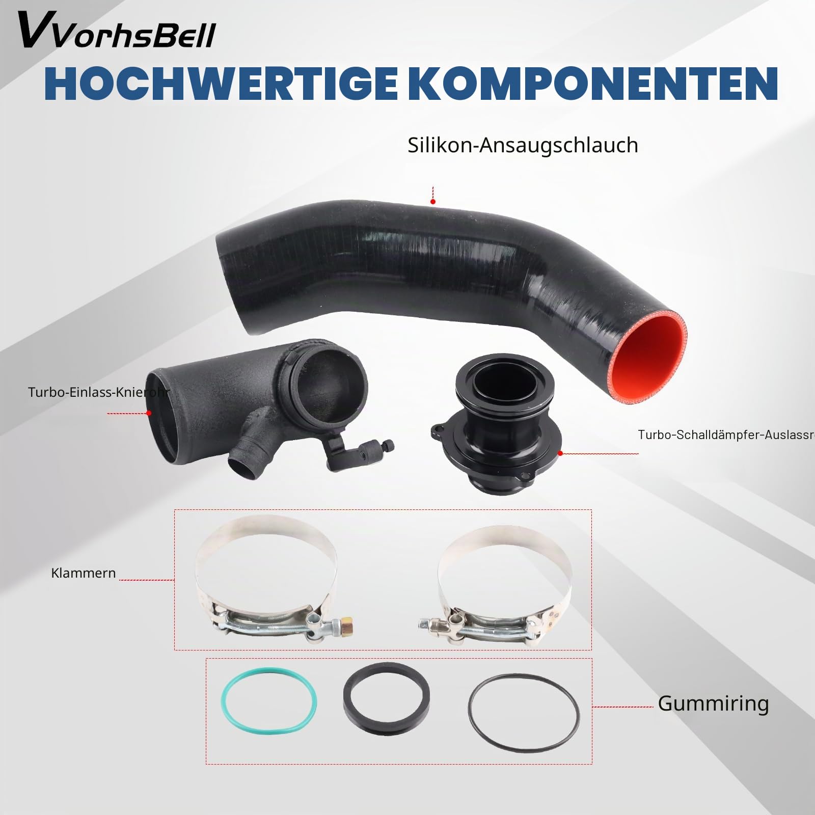 Turbo-Einlassrohr-Set, kompatibel mit VW Golf MK7/7.5 GTI R, Audi A3 S3 8V TT EA888 IS20 IS38 – High Flow Aluminium Ellenbogen & Silikonschlauch & Schalldämpfer löschen