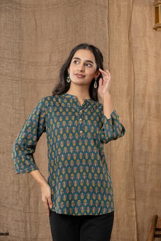 Image of Women's Cotton Printed Kurta Top | 3 /4 Sleeve Straight Kurti Casual Outings
