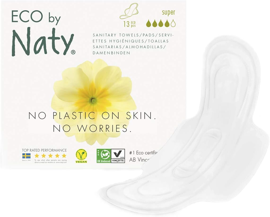 Eco by Naty Sanitary Pads โ Super, 13 pads, Extra Absorbent, Plant-Based Thin Sanitary Pads. Vegan. 0% plastic