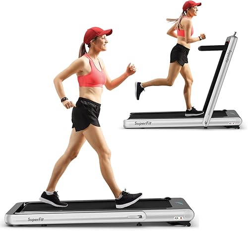 GYMAX Caminadora plegable para debajo del escritorio, 4.75 HP 2 en 1 con control de frecuencia cardíaca, control de aplicación, pantalla táctil LED