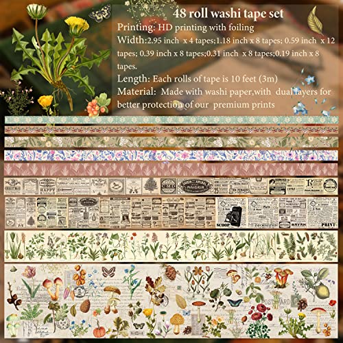 Slapaflife Adhesive Washi Tape Set Decorative 48 Rolls Vintage For Bullet/Junk Journals, Journaling, Art Craft, Scrapbooking Supplies #TOP4