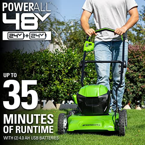 Greenworks 2 x 24V (48V) 19-Inch Brushless Push Lawn Mower, (2) 24V 4Ah Batteries and Charger Included, Green&Black, LME476 by Greenworks - Used condition - Image 3