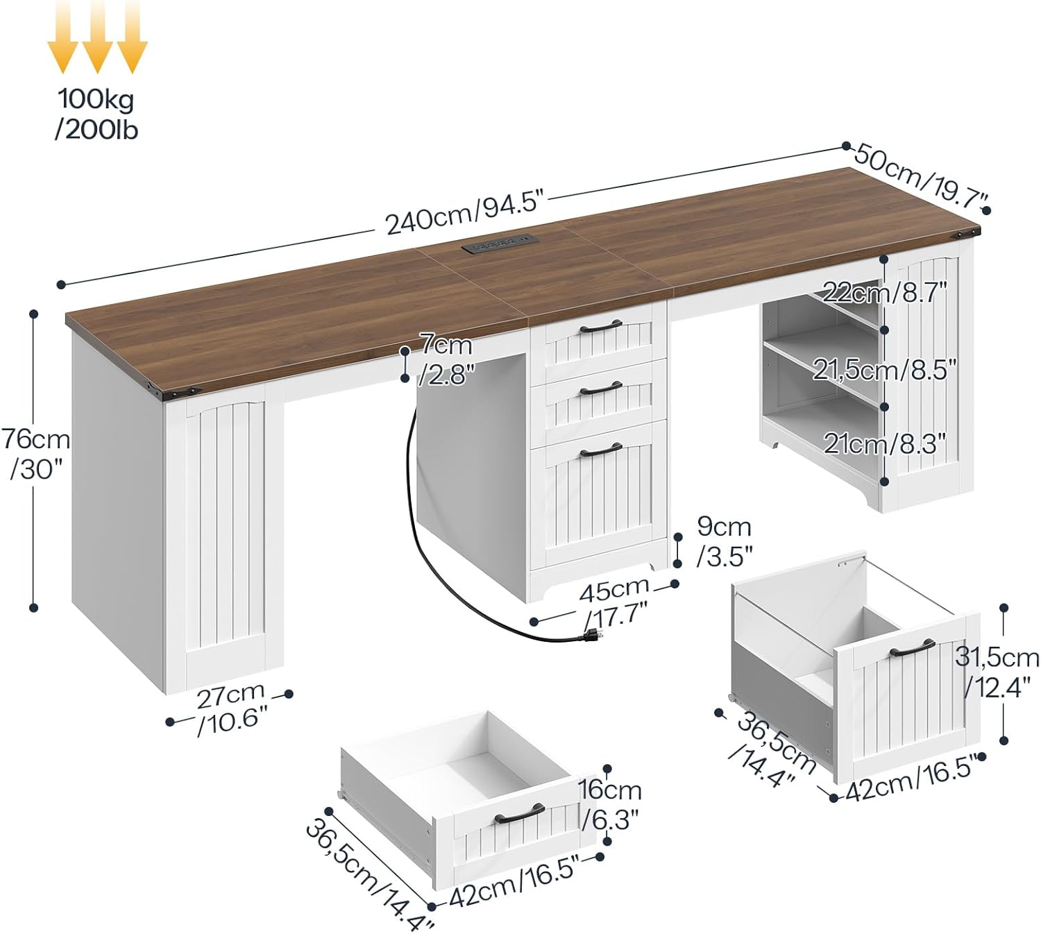 HOOBRO 94.5" Computer Desk with Power Outlet, 2 Person Office Desk with Drawers, Farmhouse Double Desk for Home Office, A4/Letter Size, Adjustable Shelves, White and Walnut WH240UDN01