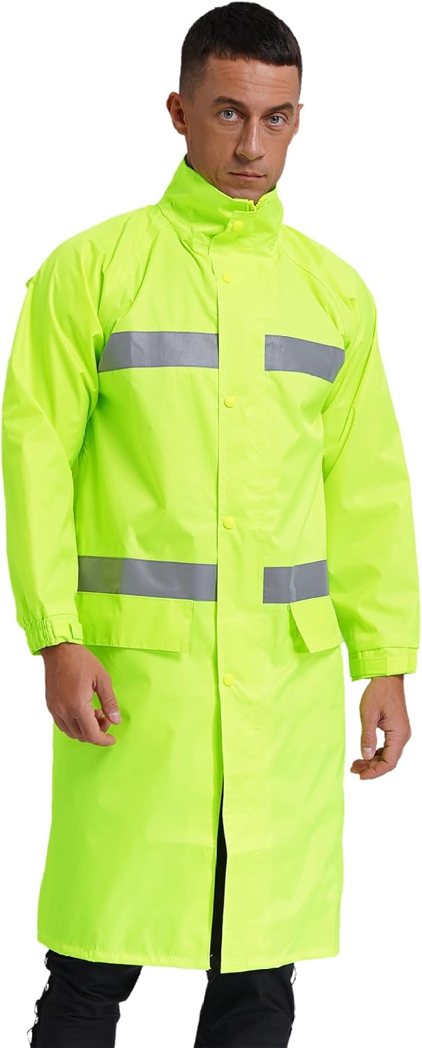 Men's Emergency Raincoat Waterproof Long Safety Rain Jacket Rainwear Reflective Strips with Hooded