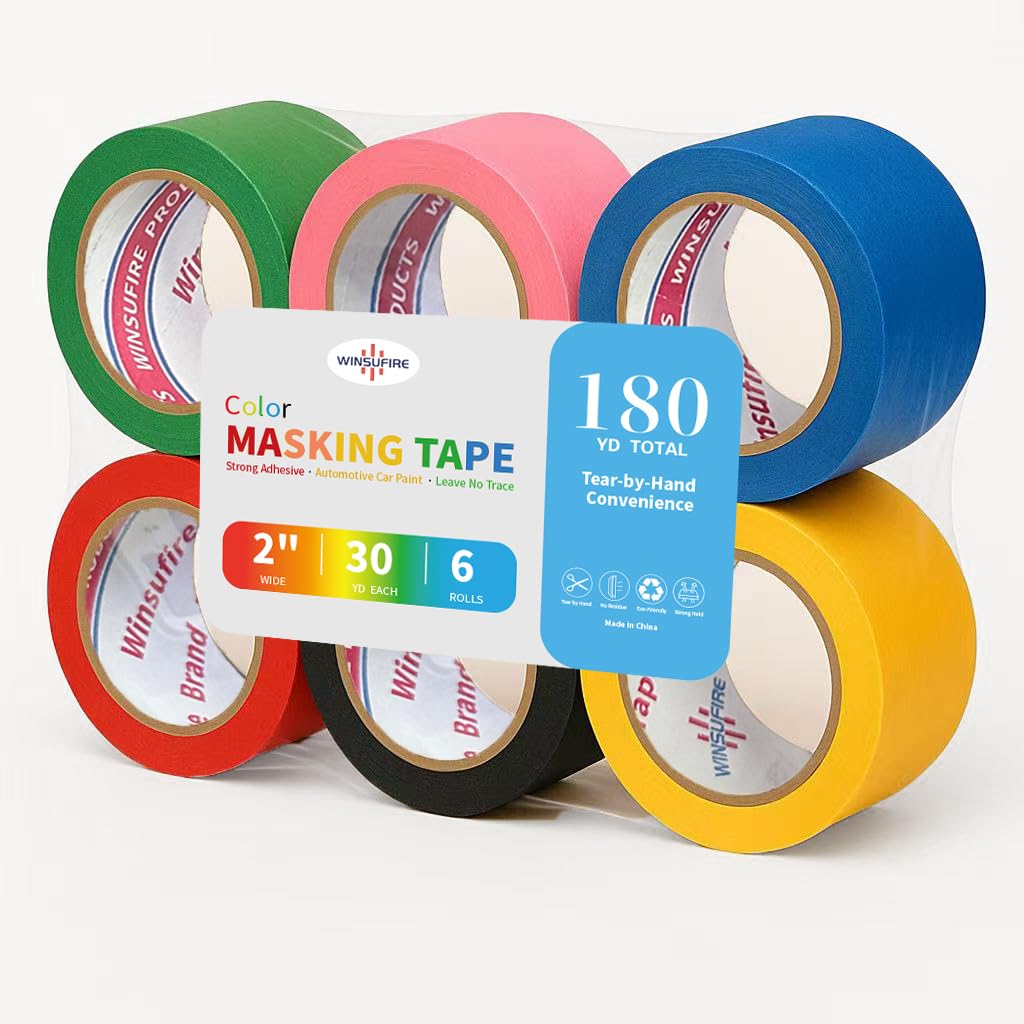 Colored Masking Tape, Colored Painters Tape for Arts and Crafts, Spray Painting, Masking and Protection,Art Supplies for Kids, 6 Rolls, 2Inch x 30Yards Total 180 Yards. (Multicolor)