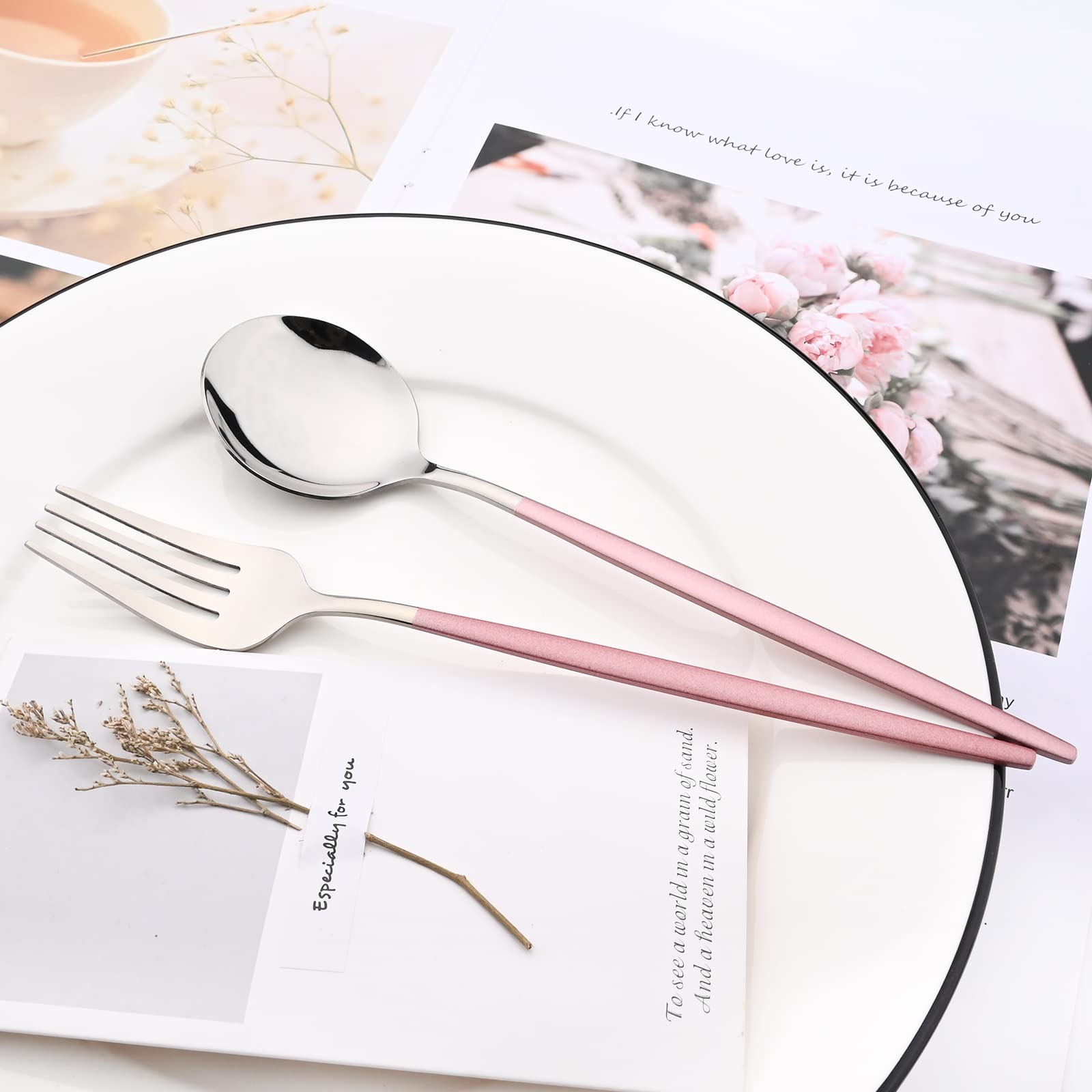 Juego de cubiertos de espejo, 24 piezas de cubiertos de acero inoxidable 18/0 con mango rosa, vajilla simple y moderna para fiesta en casa, restaurante, cena de Navidad, servicio para 6 (rosa