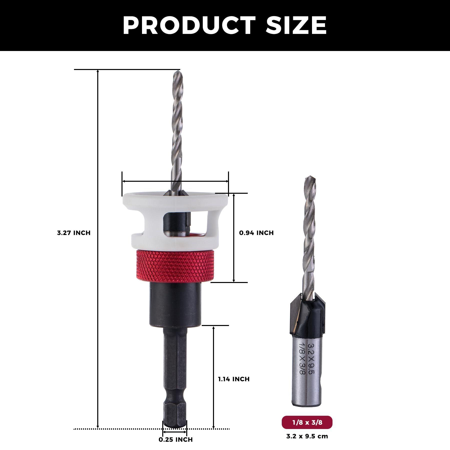 Punta da trapano svasata, 1/8" x 3/8", punte per trapano con punta in carburo con arresto di profondità, attacco esagonale a cambio rapido da 6,35 mm, con punta pilota HSS sostituibile per plastica