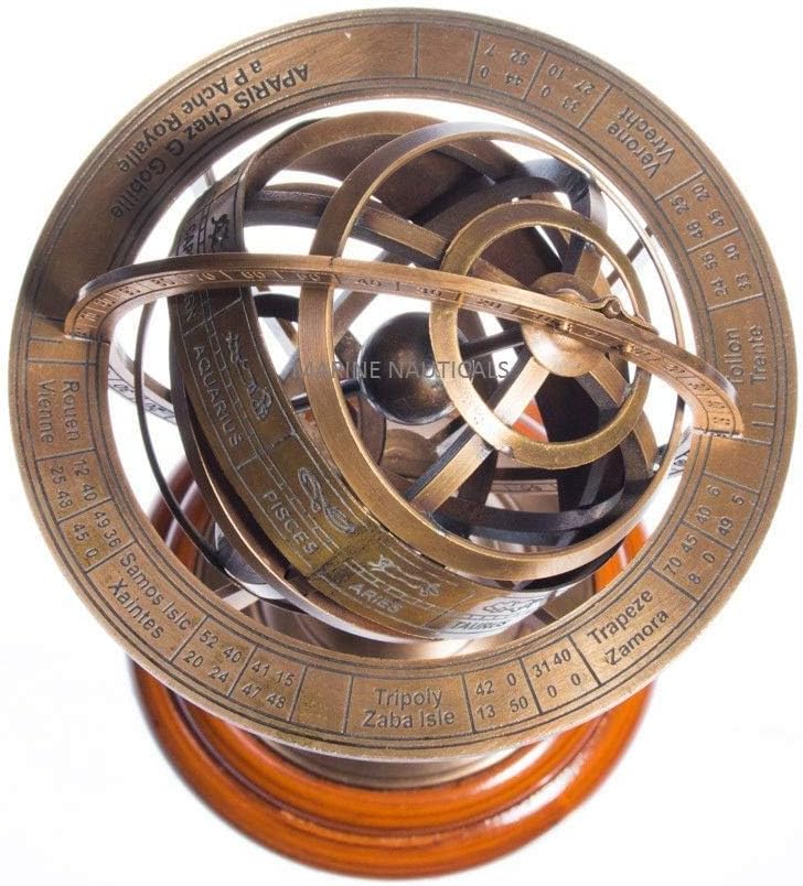 6" Brass Armillary Sphere Globe Clock Spherical Astrolabe Vintage Compass - Nautical Decor