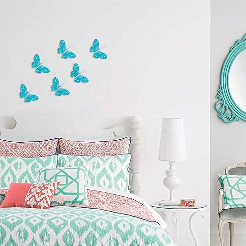 Miniatura 4 de Decoración de pared de mariposa verde azulado 3D juego de 6 calcomanías de pared de mariposas de plumas reales con perlas para dormitorio de niñas,