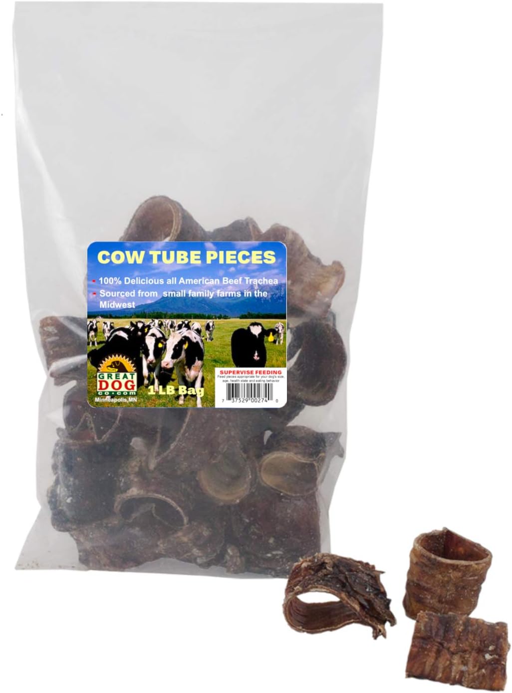 Great Dog Beef Trachea Pieces (Beef Tube Pieces) - 1 Pound Bag - Sourced and Made in USA, High Protein, Low Fat, Single Ingredient Chews