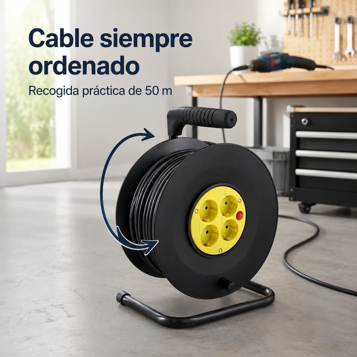 M mimotec - Zewnętrzny zwijacz kabla 50 m 4 gniazda 3200W 16A | Kabel H05VV-F 3G1,5 mm² | Ochrona dzieci | Przedłużacz elektryczny do ogrodu, garażu i warsztatu