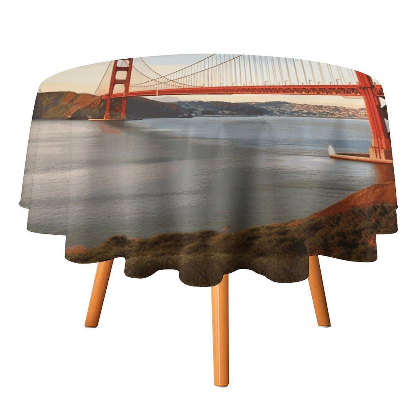 Fekiloot Style Golden Gate Bridge Round Tablecloth - Heavy Duty And Washable,Polyester Decorative Fabric Table Cover,Tablecloths For Kitchen Dining, Wedding, Birthday Party70x70in