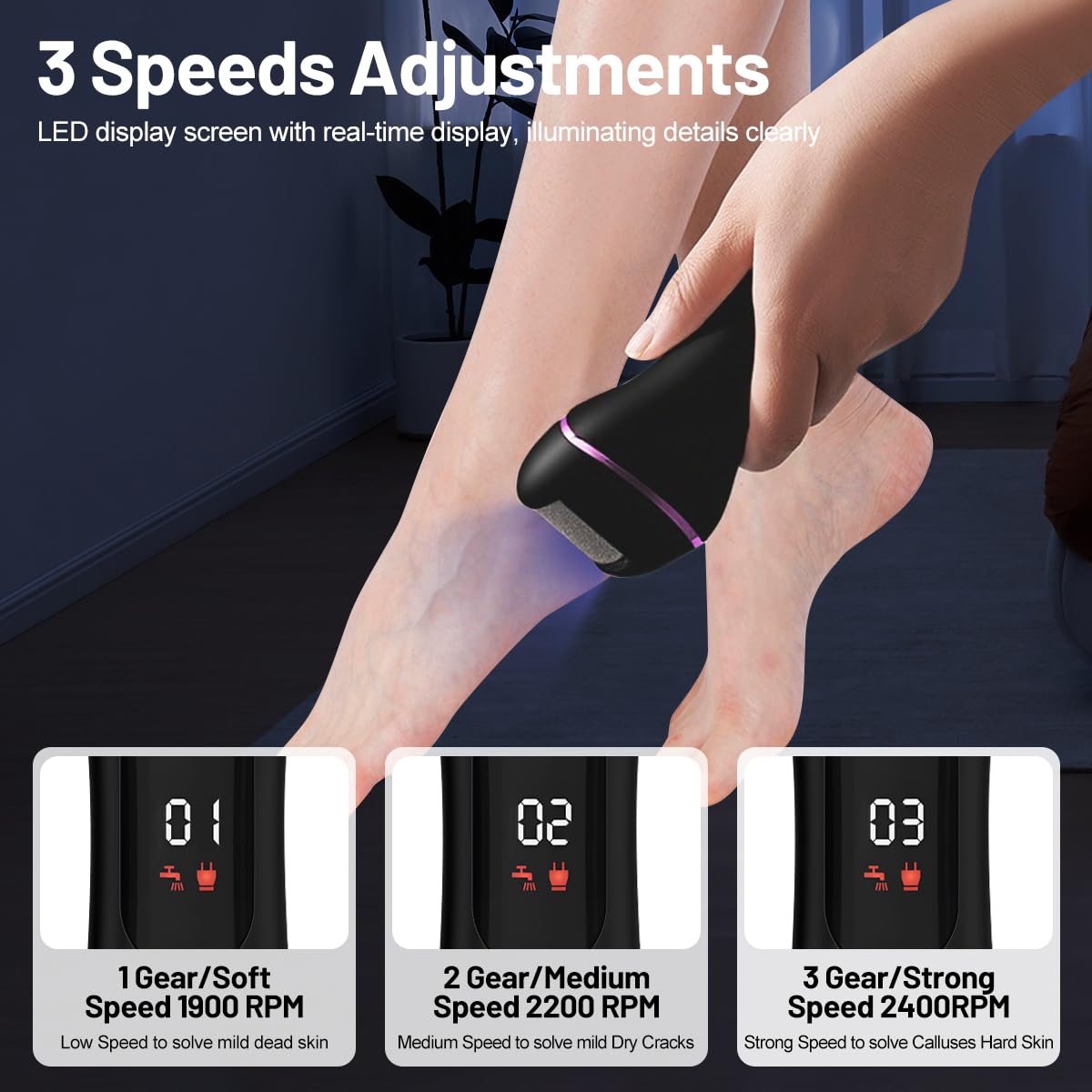 Pedicure Elettrico,Rimuovi Calli Piedi Elettrico,Pedicure Piedi Rimozione,con 3 Velocità,3 Rulli Di Ricambio,IPX6 Impermeabile per Talloni Screpolati,Calli,Pelle Morta(Nero)