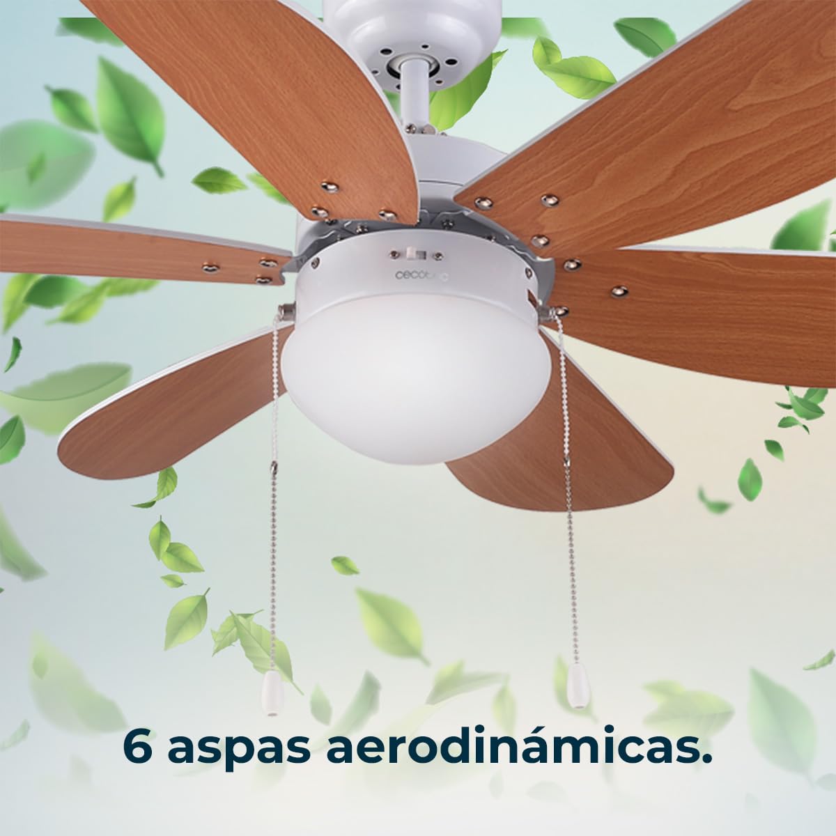 Cecotec Ventilador de Techo con Luz EnergySilence Aero 360. 50 W, Bajo consumo, 91 cm de Diámetro, 6 Aspas Reversibles, 3 Velocidades, Función Invierno, Acabado en blanco/madera, Bombilla No Incluida