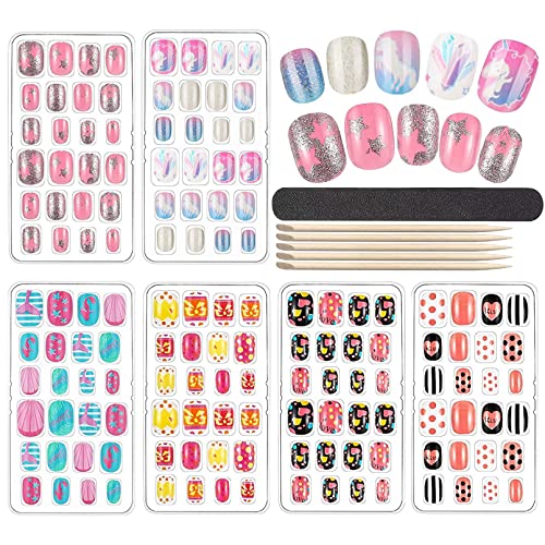 144 Pièces Faux Ongles pour Enfants, FITDON Appuyez sur Pré-collé Faux Ongles Artificiels Tips d'Ongle avec couverture complète pour Filles et Femmes
