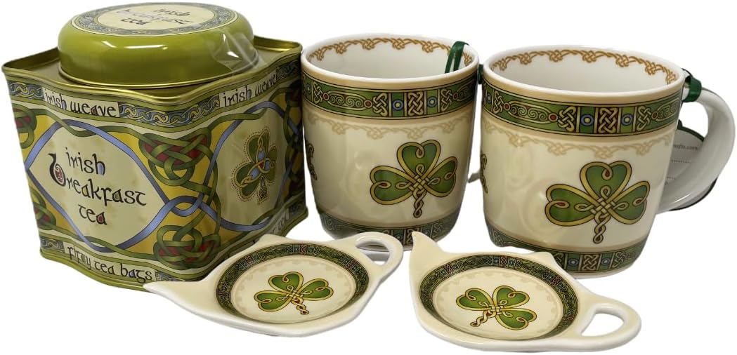 Royal Tara Irish Shamrock Celtic Set - Coffee Mugs, Tea Bag Holders, Tin of 50 Bags - Made in Ireland (Mug Tea and TeaBag Holder)