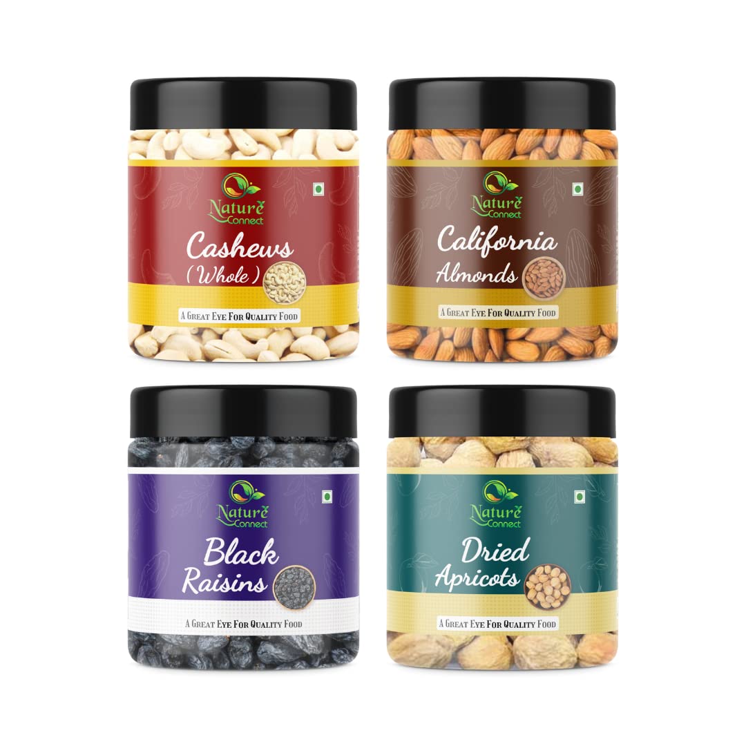 Nature Connect Dry Fruits Combo Pack - (250gm x 4) Total 1kg (California Almonds 250 gm, Cashews 250 gm, Black Raisins 250 gm, Dried Apricot 250 gm Pack of 4 [Jar Pack] (B09R1S6HHC) Amazon Price History, Amazon Price Tracker