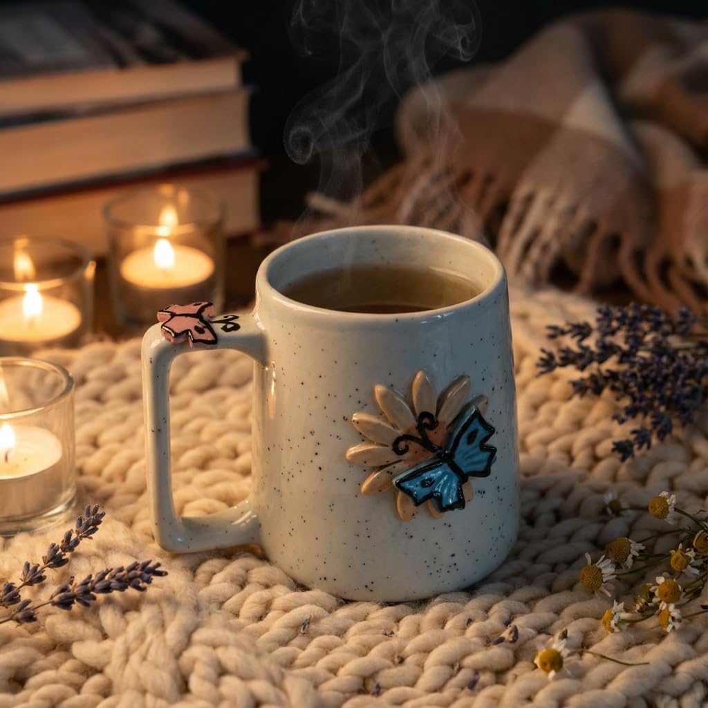 Kalaa By N Ceramic Coffee Mug 300ml Butterfly Flower Design | Handmade Tea Cup for Home Office | Microwave Dishwasher Safe | Gift for Women Girls Set of 1 - Image 4 thumbnail