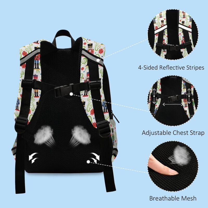 QUGRL Christmas Nutcracker Floral Toddler Backpack for Boys Girls Kids School Backpack with Chest Strap Leash Preschool Schoolbag Nursery Kindergarten Bag for Daycare Travel Hiking School