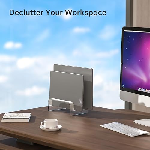 Miniatura 5 de NiHome Soporte vertical de acrílico transparente para laptop, compatible con computadoras portátiles y tabletas de hasta 1.1 in de grosor, ahorro de