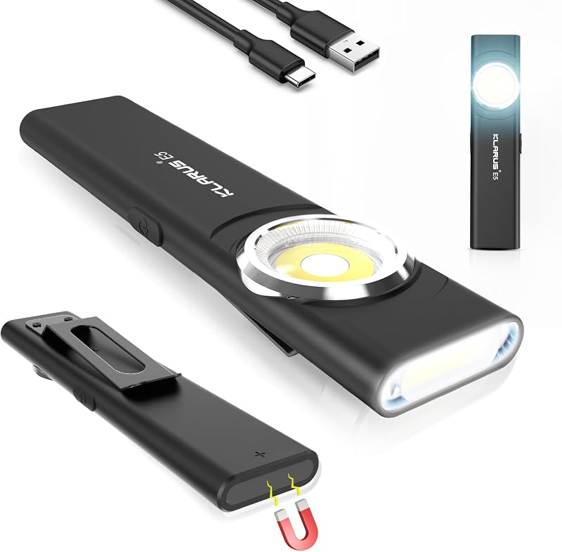 Klarus E5 Linterna de bolsillo, linterna EDC recargable, súper delgada 4.2x1x0.3 pulgadas, 600 lúmenes, puerto USB-C, IPX4, fuente de luz dual con base magnética, sombrero y clip para ropa - negro