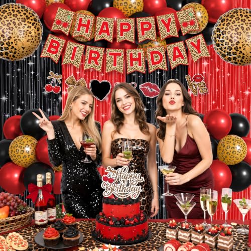 Image of Ouddy Life Cheetah Print Red and Black Balloons Birthday Decorations | Cherry Leopard Print Foil Balloons Happy Birthday Banner Fringe Curtain Bow Leopard Cake topper for Women Girls Party Decor