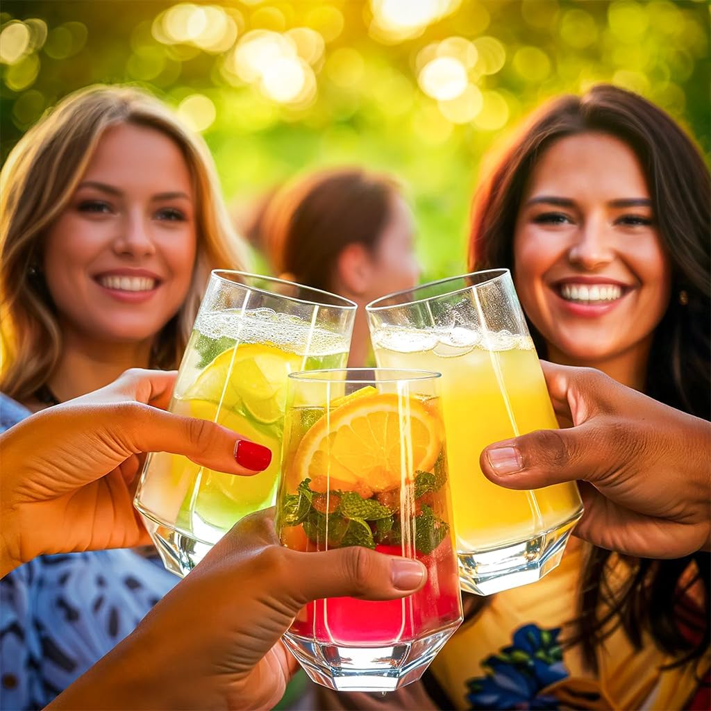 Crystal Beverage Glasses- Set of 6- Hexagon Design – 16oz Beer Tumbler & Highball Glass | Modern Tall Drinking Glass for Beer, Cocktails, Iced Tea, Cold Drinks & Everyday Use