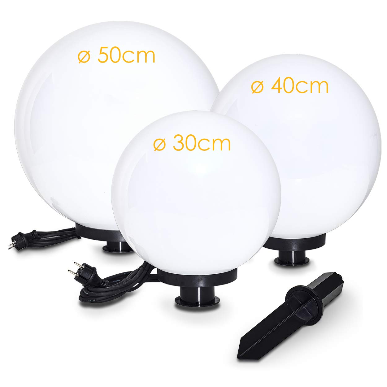 Palline luminose, lampada a sfera set di 3, lampade da esterno in plastica bianca Ø 30, 40 e 50 cm, sfere luminose con attacco E27, lampade a sfera con 5 metri di cavo di alimentazione, senza