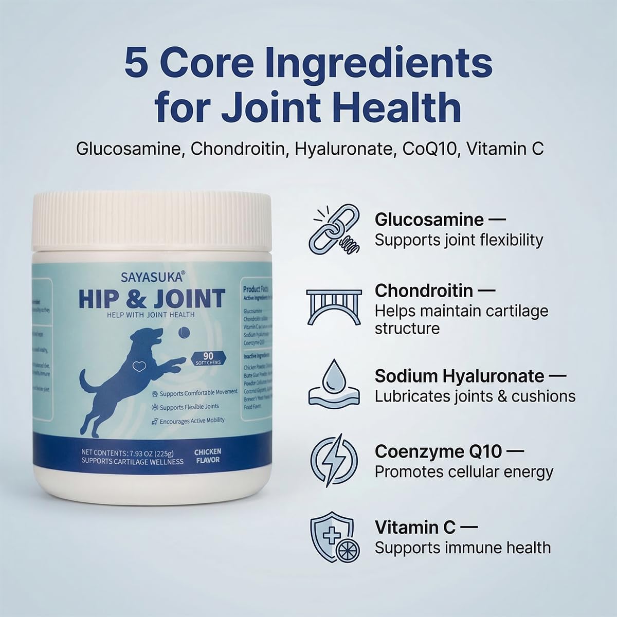 Hip & Joint Soft Chews for Dogs - Supports Mobility, Cartilage & Joint Health - Glucosamine, Chondroitin, Vitamin C & Hyaluronic Acid - Chicken Flavor (90 Chews)