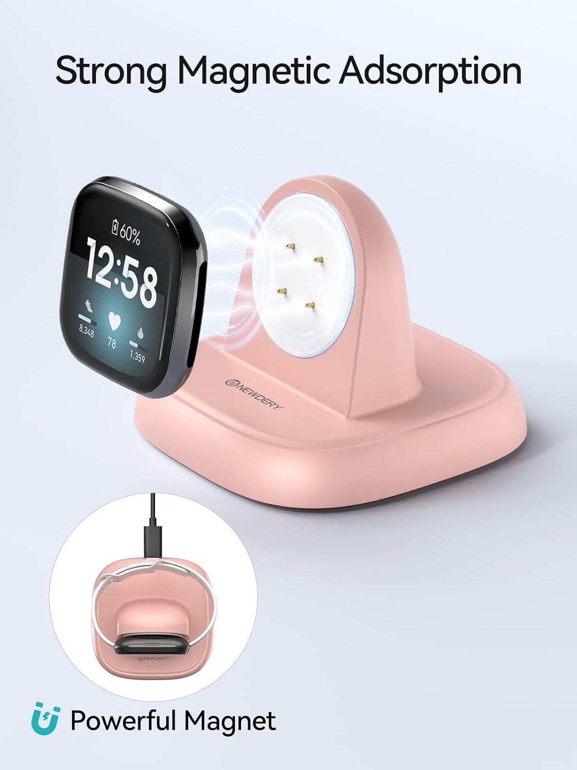 NEWDERY Charger Dock for Fitbit Sense 2/Sense/Versa 4/Versa 3, Magnetic Watch Charger Stand with Charging Cable, Charger Replacement Accessories for Fitbit Sense 2/Sense/Versa 4/Versa 3, Pink