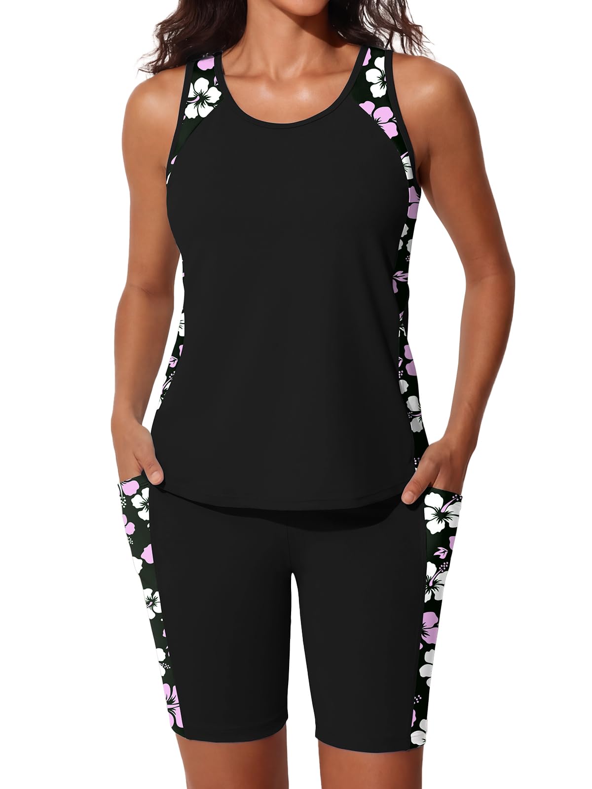Photo 1 of Tidal Hull Modest Tankini Swimsuits for Women 2026 Bathing Suits with 7" Long Boy-Leg Shorts and Two Side Pockets Light Purple Floral Print Size 12