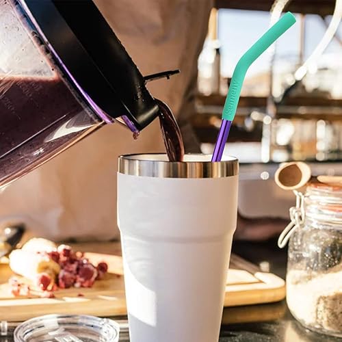 Miniatura 6 de Juego de popotes Senneny 5 popotes de acero inoxidable con puntas flexibles de silicón con codos, incluye 2 cepillos de limpieza y 1 bolsa portátil