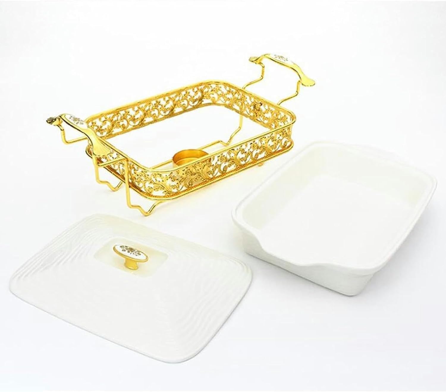 Juego de servidor de buffet de cerámica, calentador rectangular con tapa y soporte de combustible, ideal para fiestas y bodas, perfecto para catering y servir alimentos
