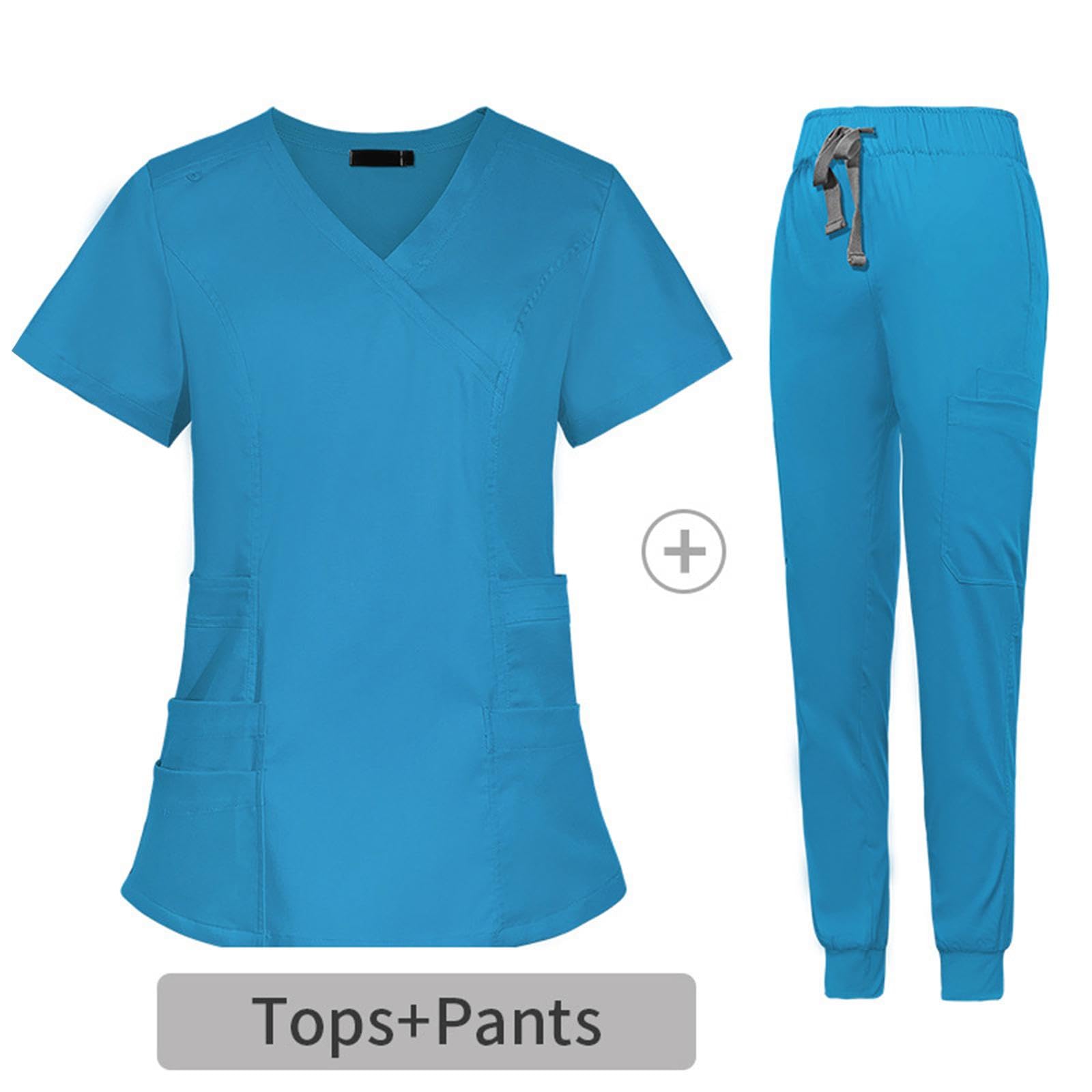 Colcolo Pflegeuniform Damen Kasack Jogginghose Set Arbeitskleidung V Ausschnitt Kurzarm Oberteil Mehrfachtaschen Elastischer Bund Atmungsaktiv Fü, Blau, l