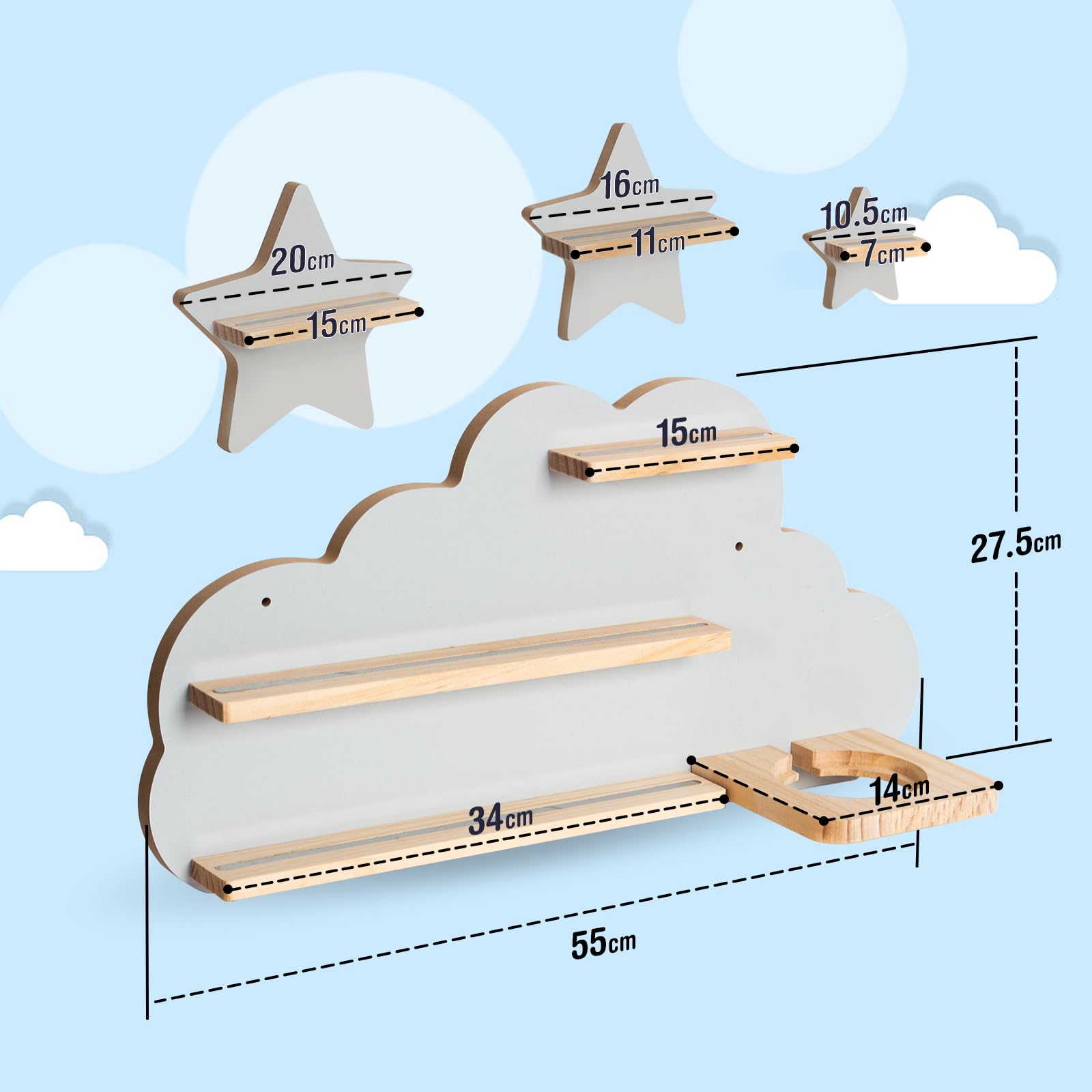 Todeco Étagère Magnétique Murale en Bois, pour Tonie Box et Tonies, Gris | Jusqu'à 20-25 Tonies, Compatible avec Station de Charge, Matériel de Montage Inclus, pour Chambre Enfant, Nuage et étoile