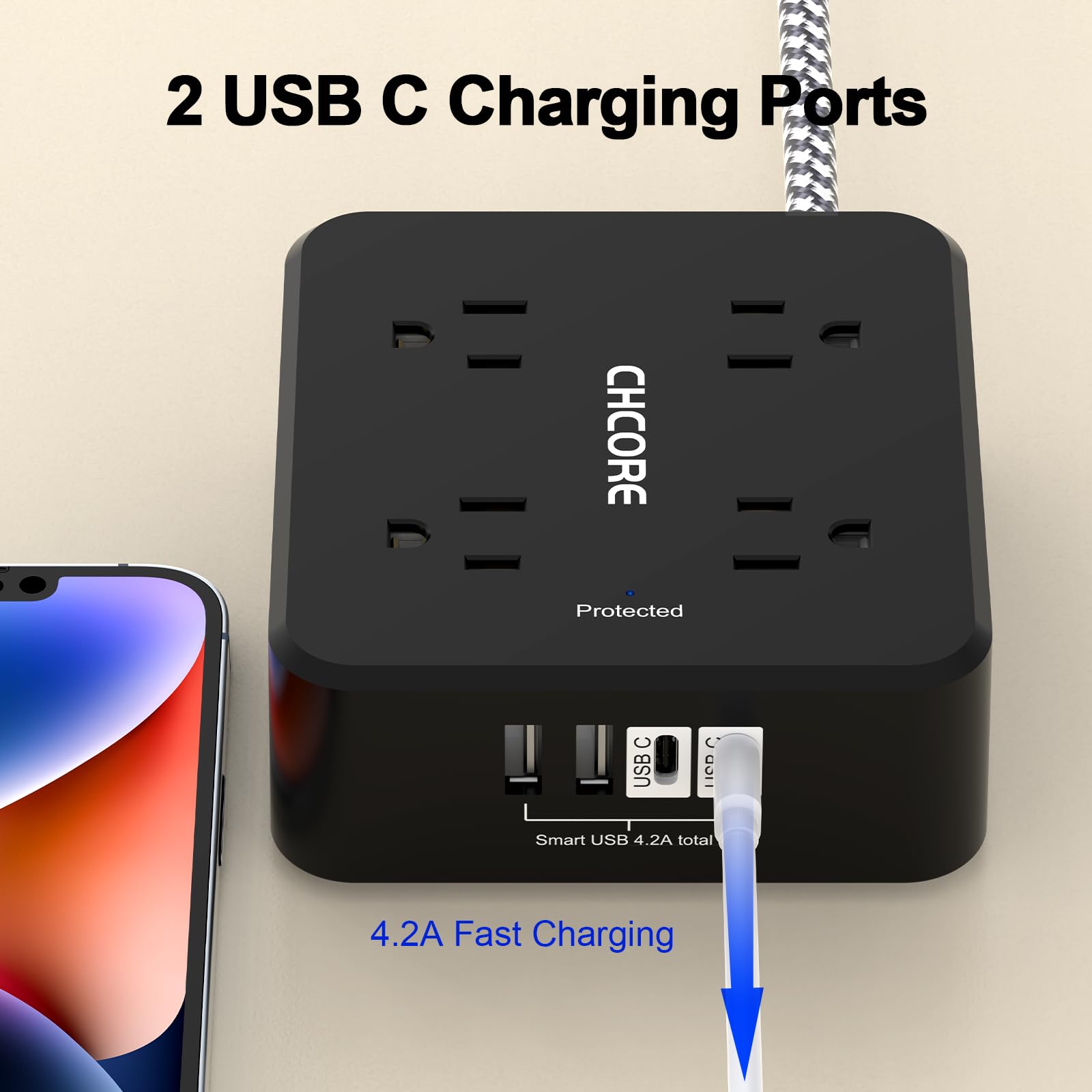 CHCORE 3M geflochtenes Verlängerungskabel mit 8 Steckdosen mit 4 USB-Ladeanschlüssen (2 USB C) Flachstecker Mehrfachstecker Verlängerungskabel Ladestation für Home Office