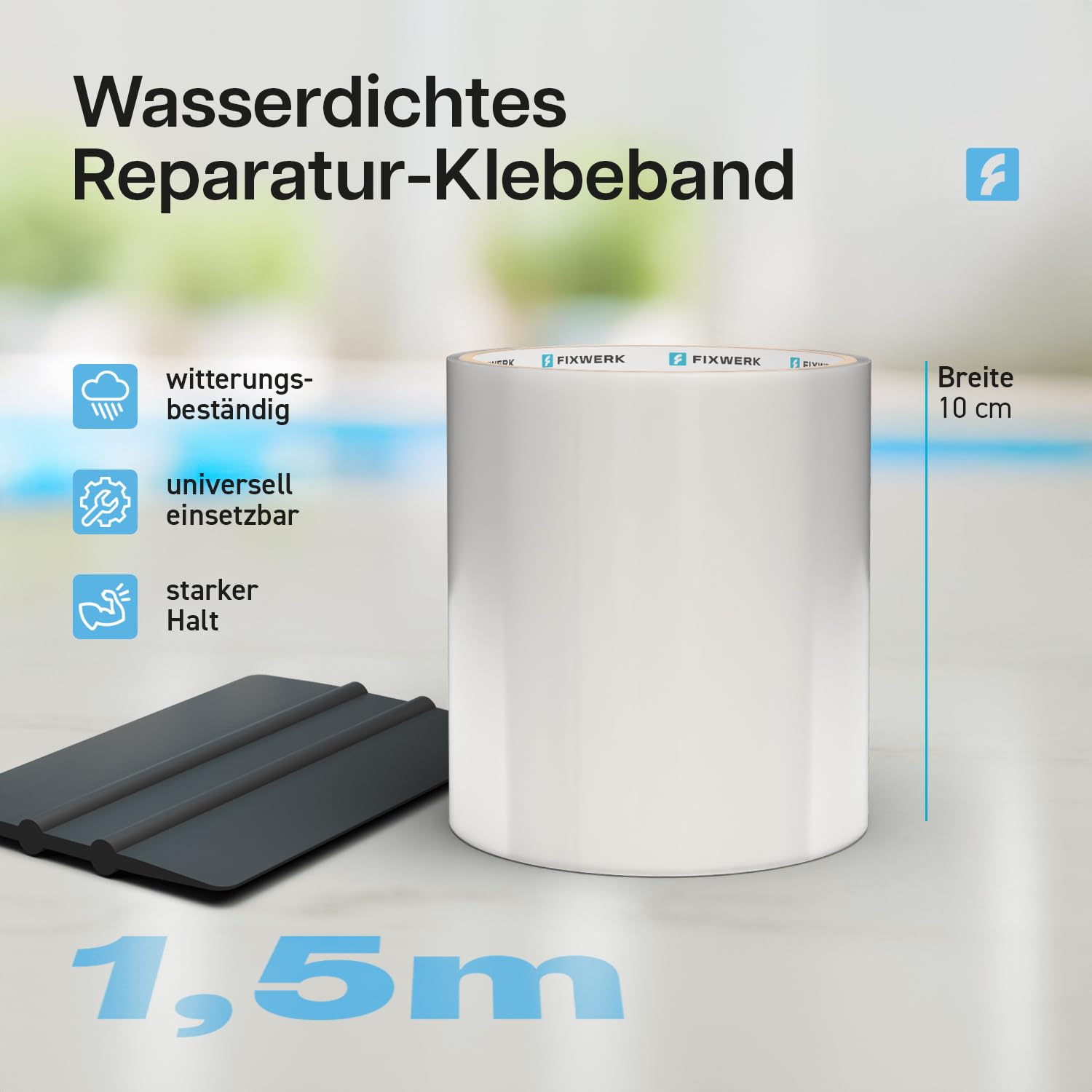 Pool Reparaturset inkl. Rakel | starkes wasserdichtes Unterwasser Klebeband | Flickzeug zum Abdichten von Pools | selbstklebendes Abdichtband für alle Pooloberflächen | 10cm x 150cm (transparent)